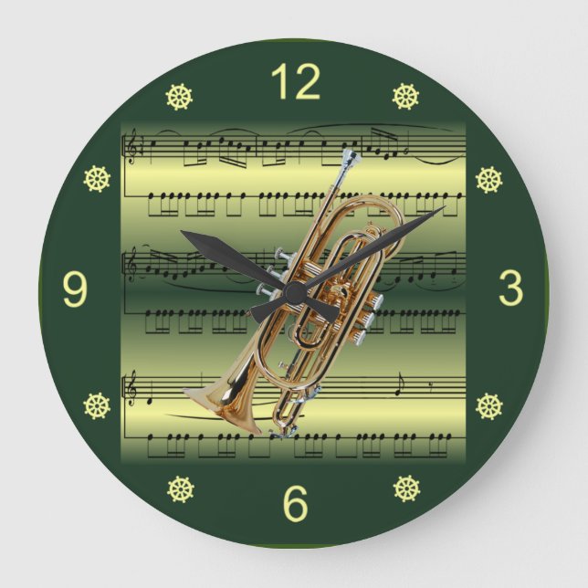 Cornet~Rolled Sheet Music~Gold/Green Background~   Large Clock (Front)