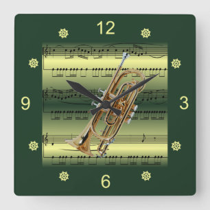 Cornet~Rolled Sheet Music~Gold/Green Background~  Square Wall Clock