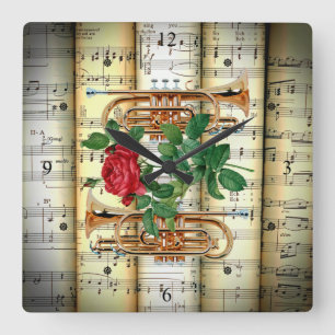 Cornets & Rose ~ Rolled Sheet Music ~ Great Gift ~ Square Wall Clock