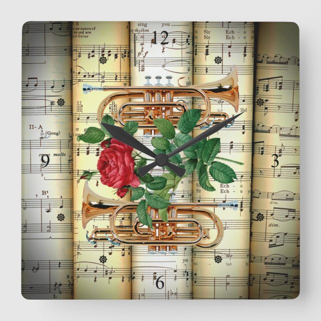 Cornets & Rose ~ Rolled Sheet Music ~ Great Gift ~ Square Wall Clock (Front)