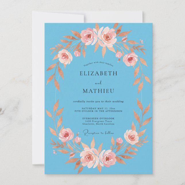 Cornflower Apricot Leafy Wedding Invitation (Front)