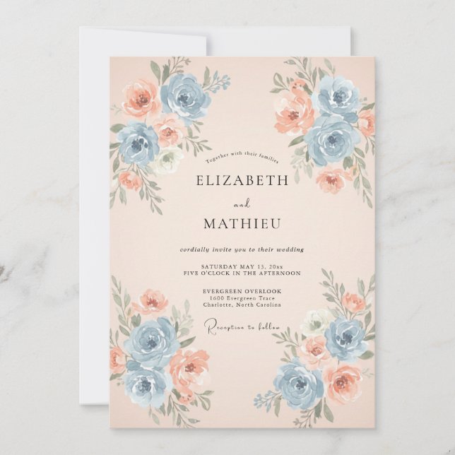 Cornflower Apricot Ranunculus Eucalyptus Wedding Invitation (Front)