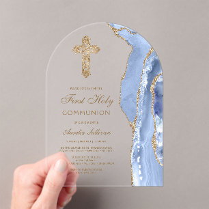 Cornflower Blue Agate First Communion Acrylic Invitations