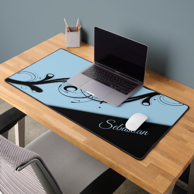 Cornflower Blue and Black Scroll Accent Personal Desk Mat (Office 2)