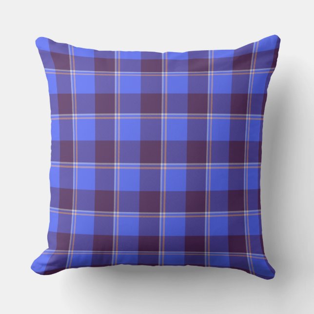 Cornflower Blue and Livid Brown Plaid Throw Pillow (Front)