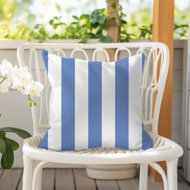 Cornflower Blue and White Awning Stripes Outdoor Pillow (Creator Uploaded)