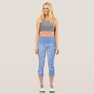 Cornflower Blue and White Mandala Yoga Capri Leggings