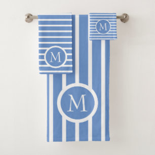 Cornflower Blue and White Stripe Monogram Bath Towel Set