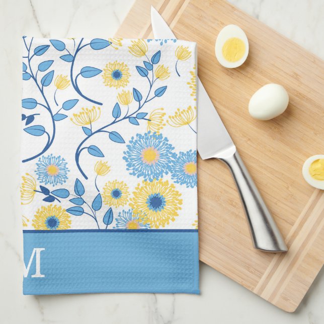 Cornflower Blue and Yellow Floral Pattern Monogram Kitchen Towel (Quarter Fold)