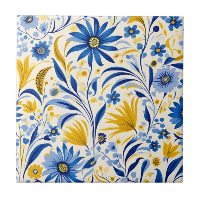 Cornflower Blue and Yellow Leaves Pattern Tile (Front)