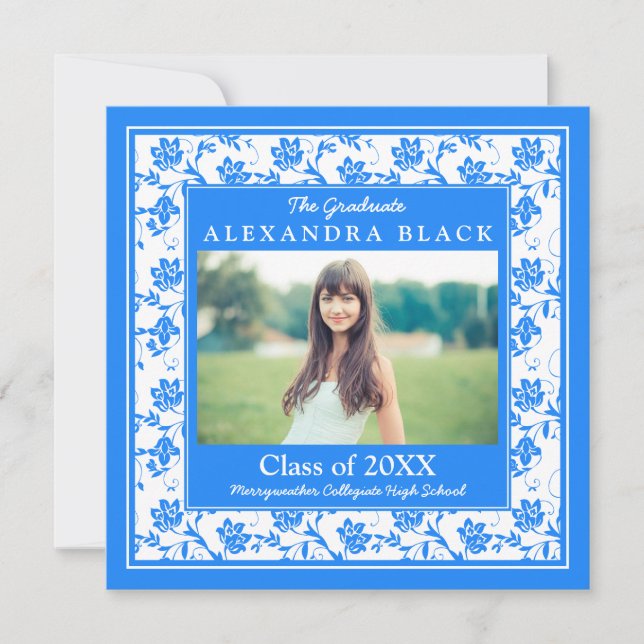 Cornflower Blue Damask Floral Photo Graduation Invitation (Front)
