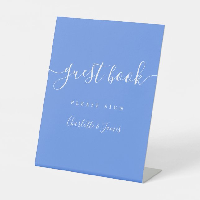 Cornflower Blue Elegant Modern Script Guest Book Pedestal Sign (Front)