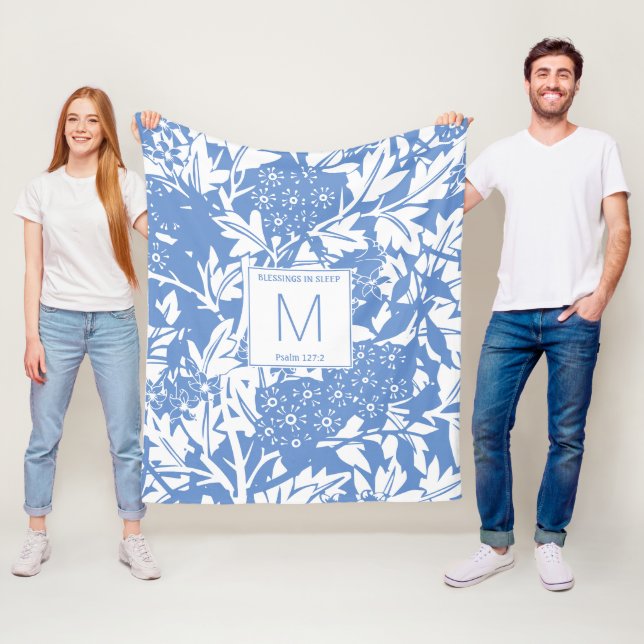 Cornflower Blue Floral Monogram Fleece Blanket (In Situ)