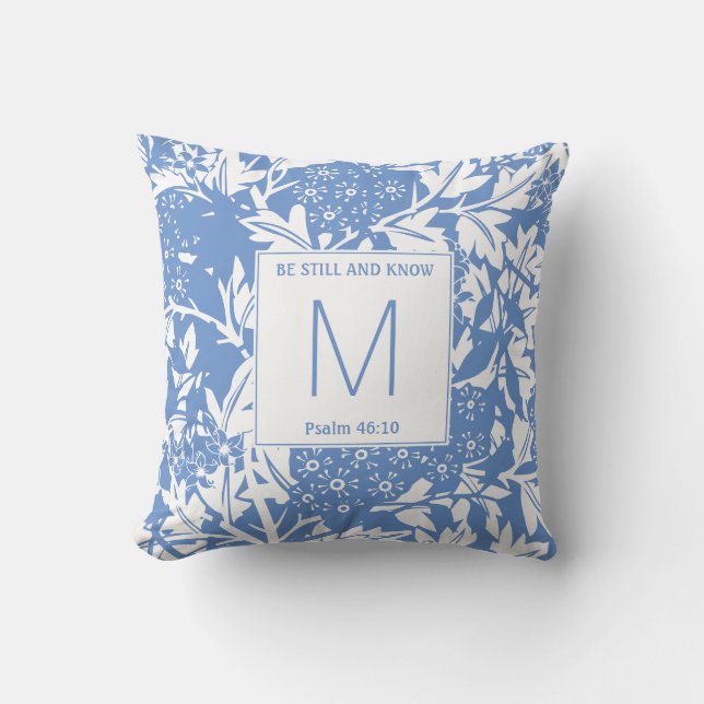 Cornflower Blue Floral Monogram Throw Pillow (Front)