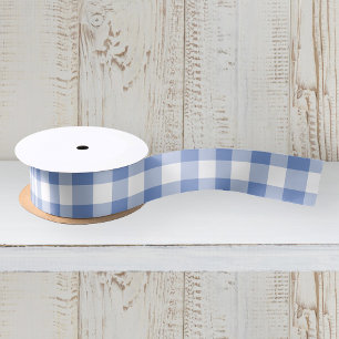 Cornflower Blue Gingham Check Plaid Pattern Satin Ribbon