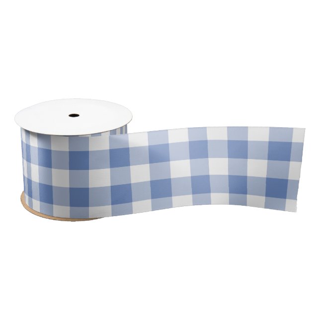 Cornflower Blue Gingham Check Plaid Pattern Satin Ribbon (Spool)