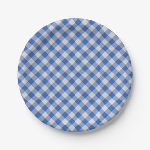 Cornflower Blue Gingham Plaid Checkered Pattern Paper Plate