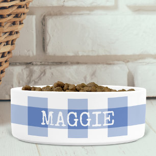 Cornflower Blue Gingham Plaid Personalized Dog Bowl