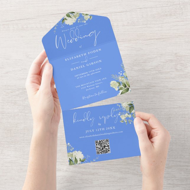 Cornflower Blue Greenery QR Code Monogram Wedding All In One Invitation (Tearaway)