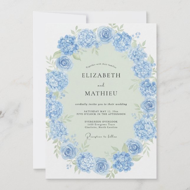 Cornflower Blue Hydrangea Spring Wedding Invitation (Front)