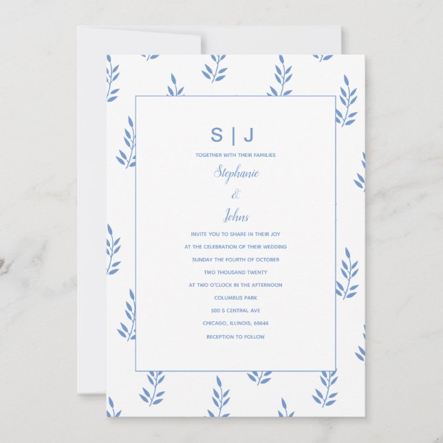 Cornflower Blue Leaf Monogram Minimal Wedding Invitation (Front)