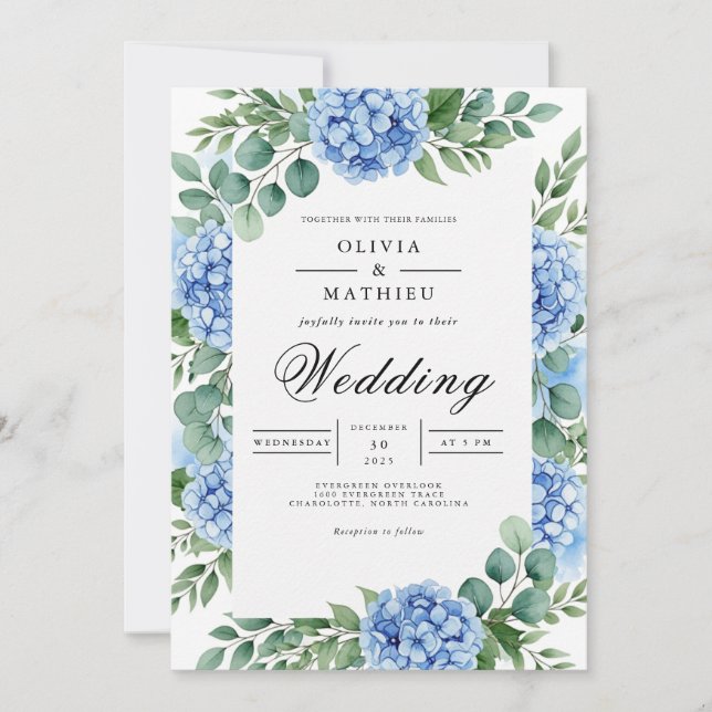 Cornflower Blue Luminous Hydrangea Wedding Invitation (Front)