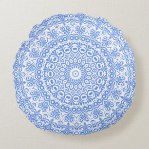 Cornflower Blue Mandala Pattern Round Pillow