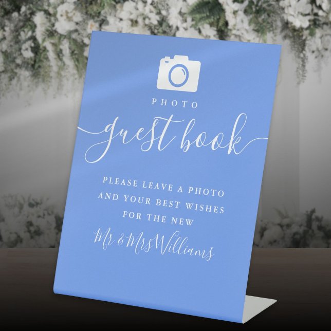 Cornflower Blue Modern Script Photo Guest Book Pedestal Sign (Cornflower Blue Modern Script Photo Guest Book Pedestal Sign)