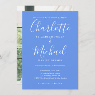 Cornflower Blue Modern Script Photo Wedding Invitation