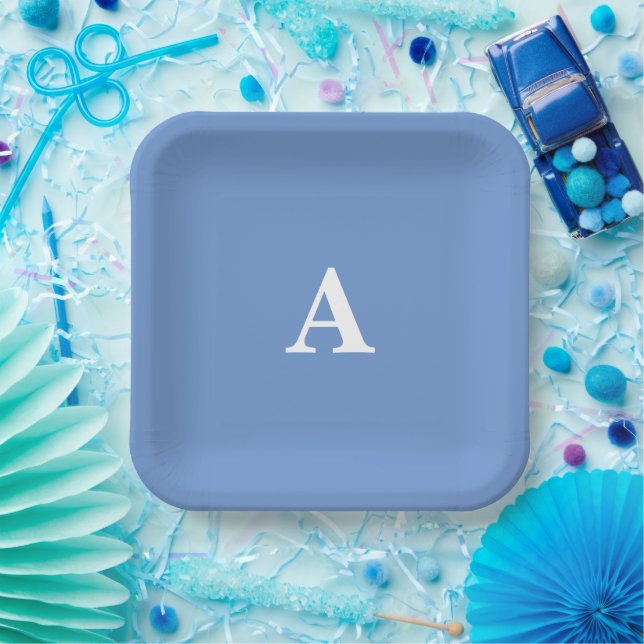 Cornflower Blue Monograms Baby Shower Birthdays Paper Plate (Party)