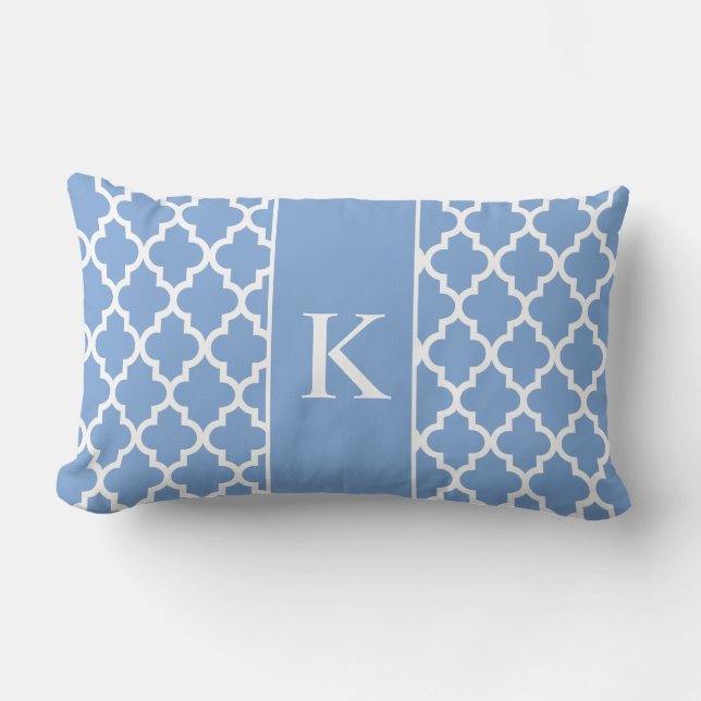 Cornflower Blue Moroccan Custom Monogram Lumbar Pillow (Front)
