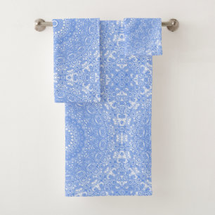 Cornflower Blue on White Mandala Kaleidoscope Bath Towel Set