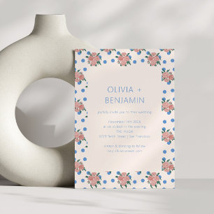 Cornflower Blue Pink Rose Polka Dot Wedding Floral Invitation