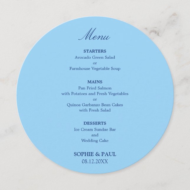 Cornflower Blue Round Wedding Menu (Front)