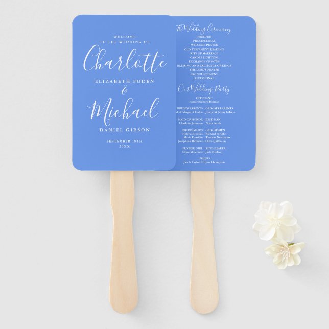 Cornflower Blue Signature Script Wedding Program Hand Fan (Front and Back)