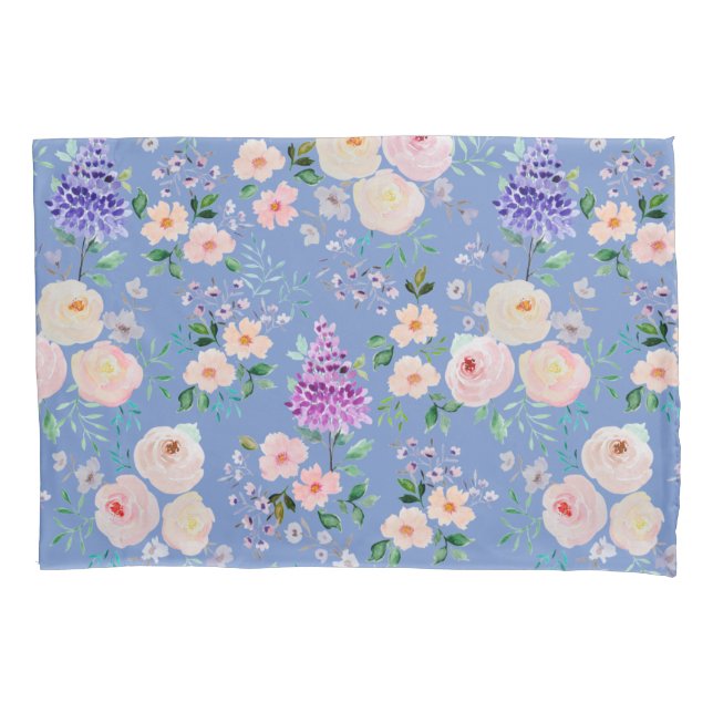 Cornflower Blue Watercolor Floral Pillowcase (Front)
