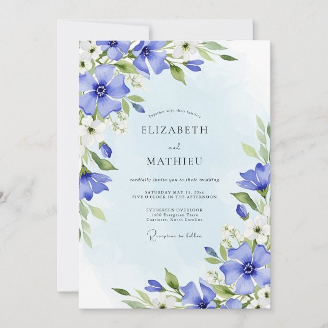 Cornflower Blue Watercolor Spring Wedding Invitation (Front)