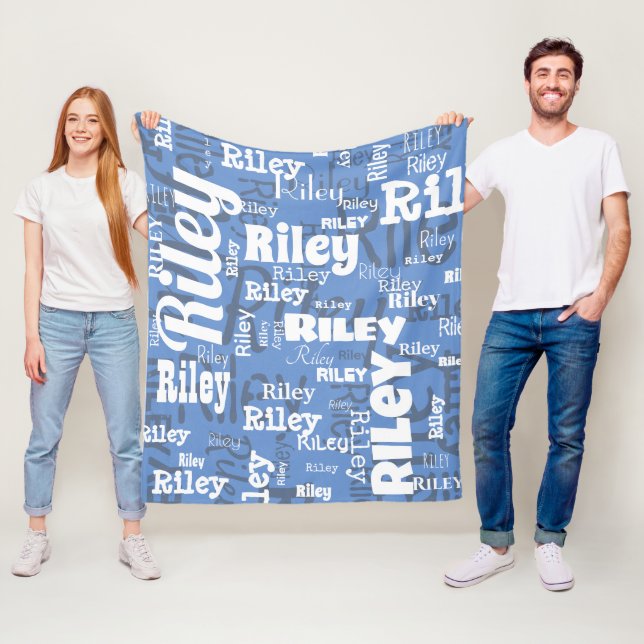 Cornflower Blue White Name Pattern Personalized Fleece Blanket (In Situ)