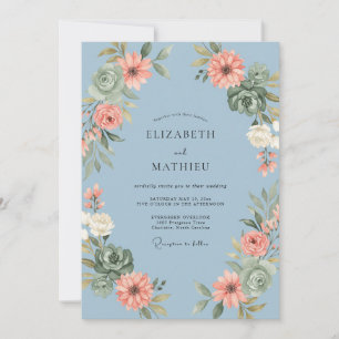 Cornflower Blush Coral Wreath Wedding Invitation