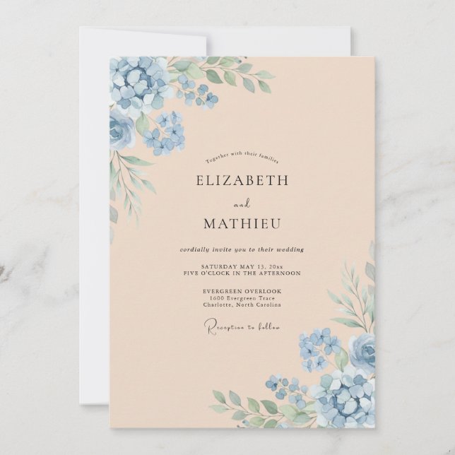 Cornflower Champagne Foliage Eucalyptus Wedding Invitation (Front)
