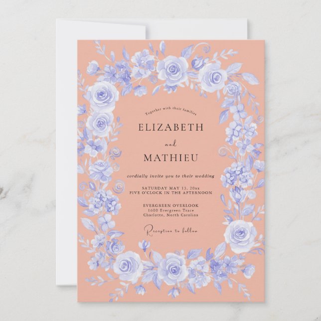Cornflower Coral Wreath Wedding Invitation (Front)