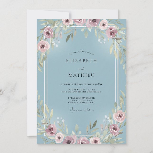 Cornflower Dusty Pink Flower Eucalyptus Wedding Invitation (Front)