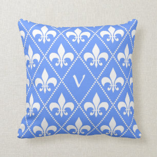 Cornflower Fleur de Lis with monogram initial Throw Pillow