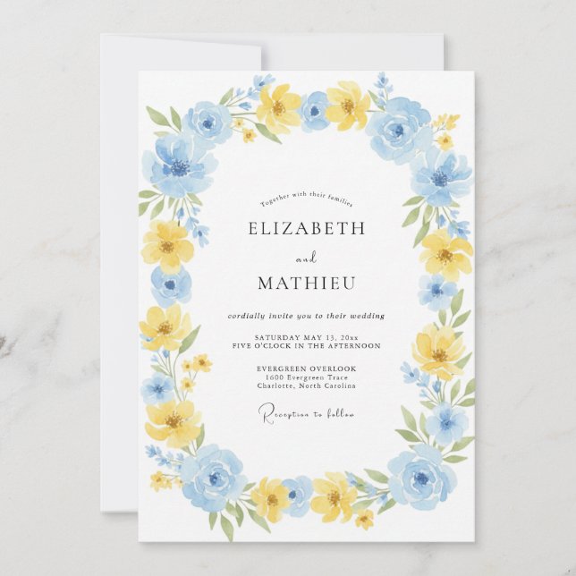 Cornflower Lemon Painted Wreath Wedding Invitation (Front)