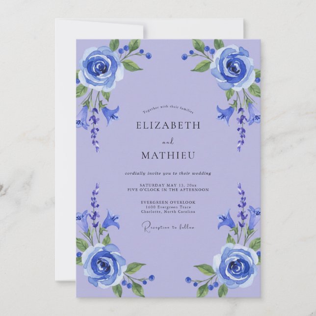 Cornflower Periwinkle Leafy Wedding Invitation (Front)