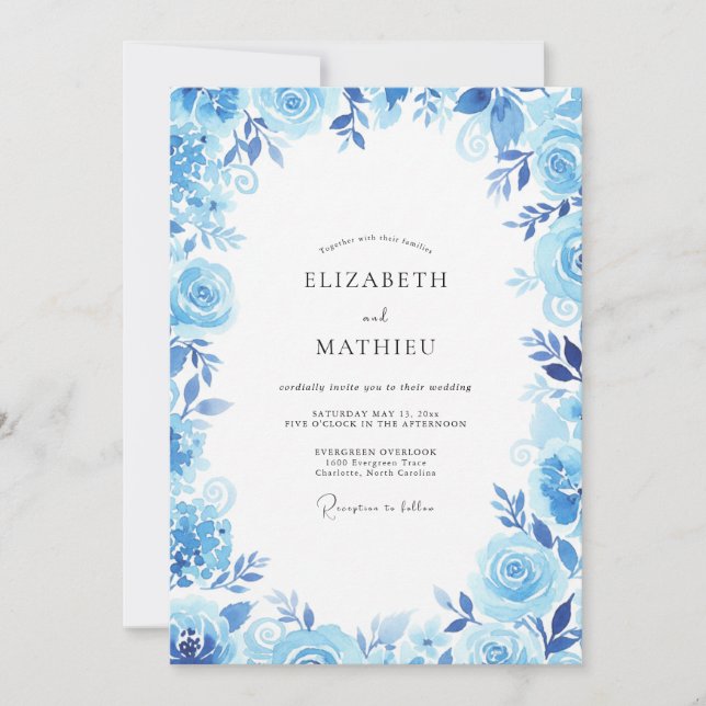 Cornflower Sapphire Leafy Wedding Invitation (Front)