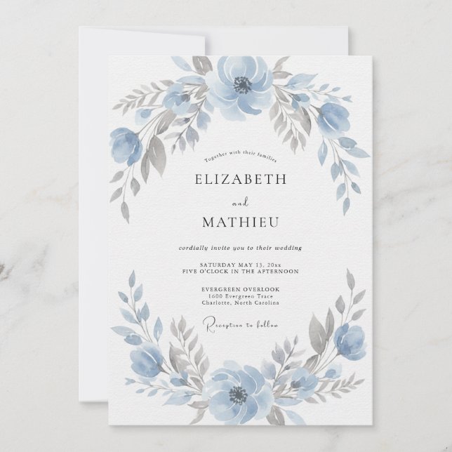 Cornflower Silver Watercolor Wedding Invitation (Front)