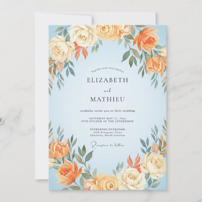 Cornflower Soft Peach Peony Wedding Invitation (Front)