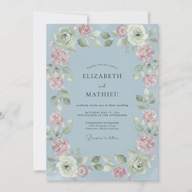 Cornflower Soft Pink Peony Wedding Invitation (Front)