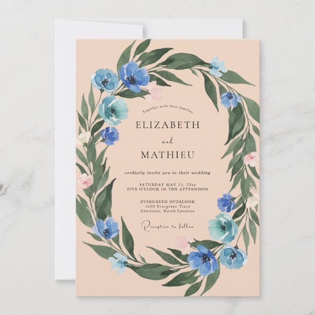 Cornflower Warm Peach Wreath Wedding Invitation (Front)